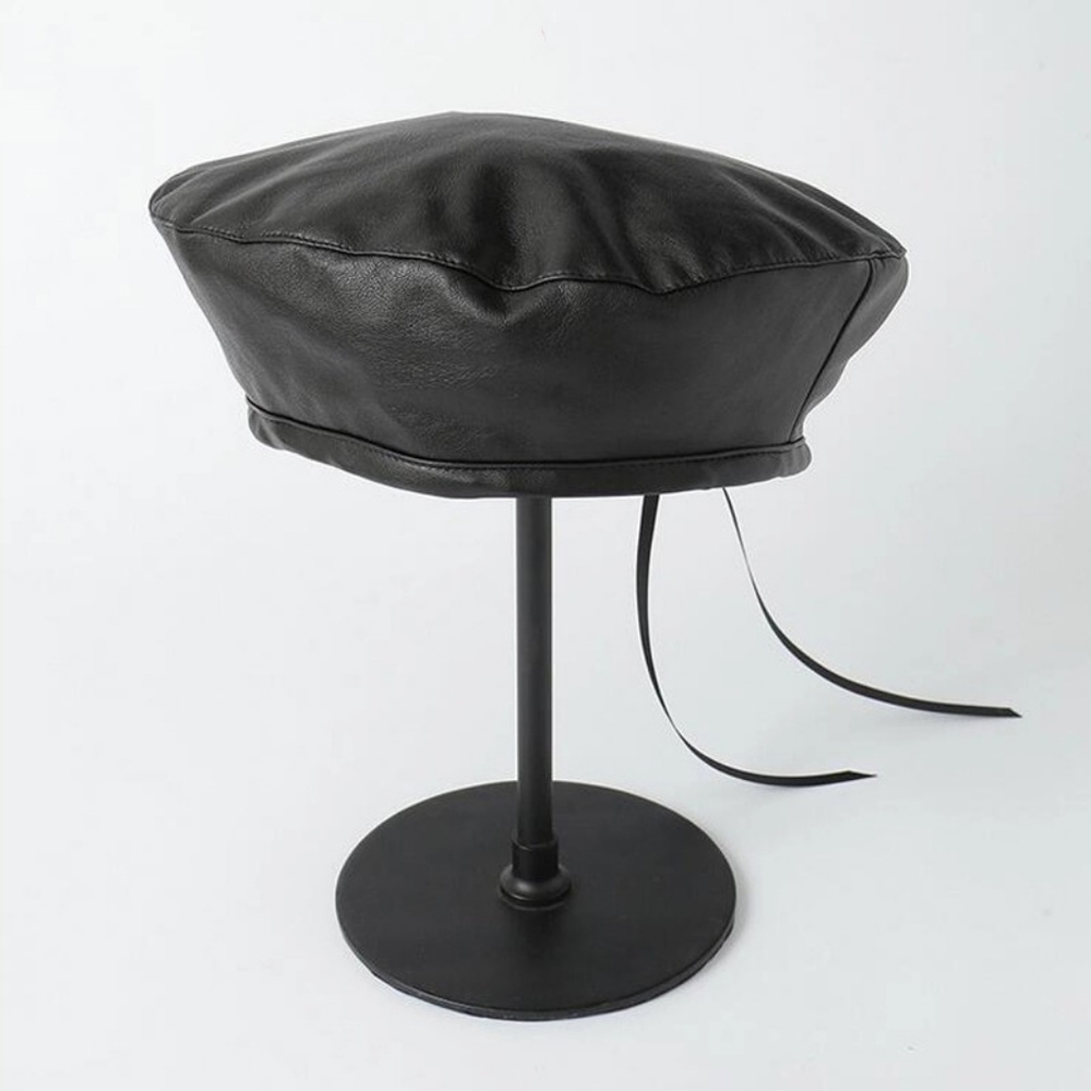 Black Leather Beret Hat Faux Leather Tam PU Vegan Leather - Picture 4 of 11